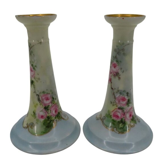 PL Limoges France Hand Painted Pink Rose Flower Floral Blue Gold Candlesticks - Picture 1 of 16